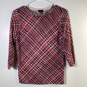 Womens Talbots Cashmere‎ 3/4 Sleeve Jeweled Sweater Plaid Pattern SP Cashmere
